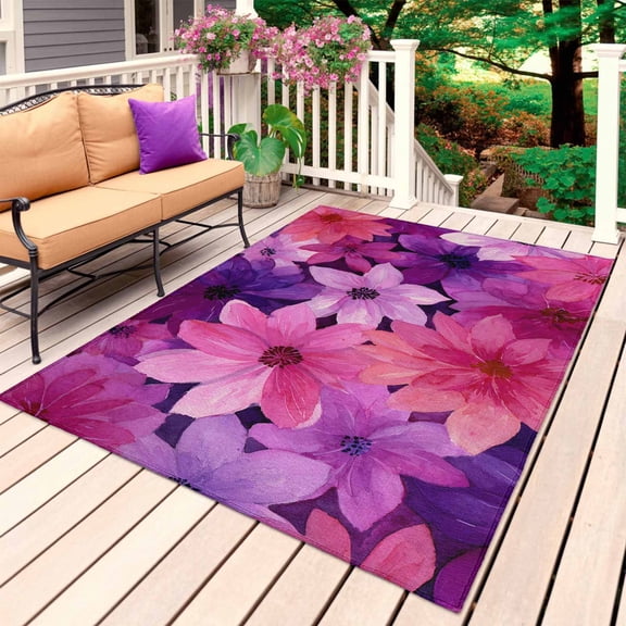 Watercolor Flowers Outdoor Rug 3x5 Ft, Non Slip Washable Area Rug, Spring Floral Vintage Pink Purple Patio Rugs Carpet Runner, Large Floor Mat for Indoor/Outdoor Deck Porch Camping
