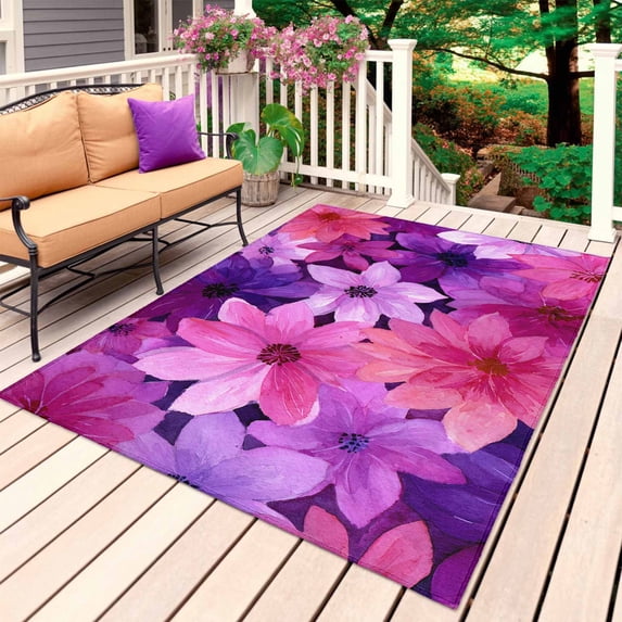 Watercolor Flowers Outdoor Rug 5x8 Ft, Non Slip Washable Area Rug, Spring Floral Country Pink Purple Patio Rugs Carpet Runner, Large Floor Mat for Indoor/Outdoor Deck Porch Camping
