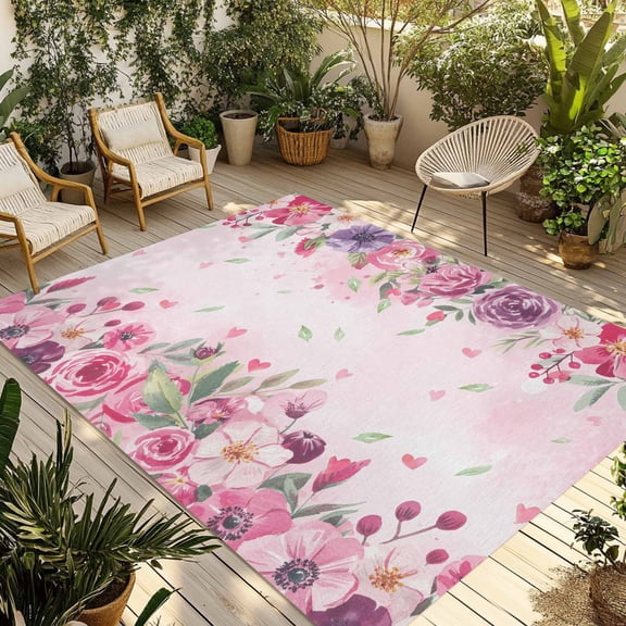Watercolor Flowers Outdoor Rug for Patio/Deck/Porch, Non-Slip Large Area Rug 3 x 5 Ft, Valentine's Day Roses Floral Romantic Indoor Outdoor Rugs Washable Area Rugs, Camping Rug Carpet Runner