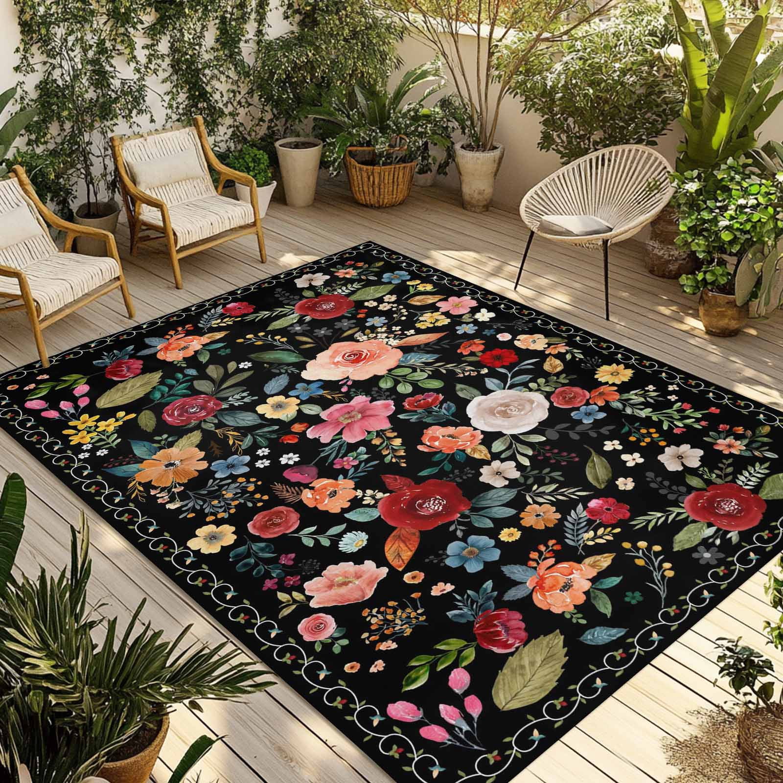 Watercolor Flowers Outdoor Rug for Patio/Deck/Porch, Non-Slip Large Area Rug 4 x 6 Ft, Farmhouse Floral Vintage Black Indoor Outdoor Rugs Washable Area Rugs, Reversible Camping Rug Carpet Runner
