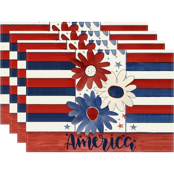 Watercolor Flowers Patriotic America Stars 4th of July Memorial Day Independence Day Placemats Set of 4 Table Mats Decorations 12x18 Inch