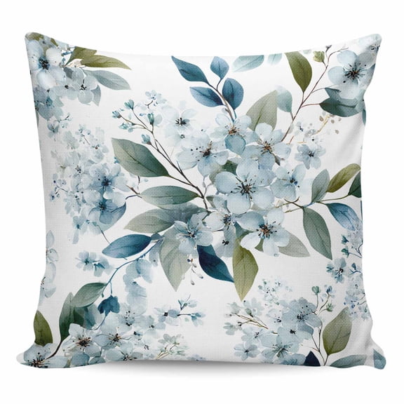 Watercolor Flowers Pillow Covers 18x18 Inch Decorative Throw Pillow Cover, Spring Floral Leaves Botanical Blue Sofa Pillowcases Accent Cushion Case Home Decor Bedroom Living Room
