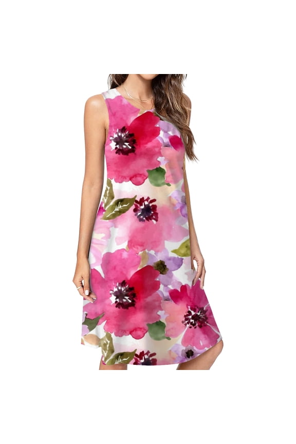 Watercolor Flowers Pink Fuchsia Dress Elegant Party Dresses Evening Dresses Women Dress Sleeveless Dress Ladies Dresses