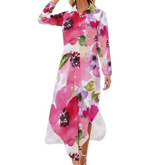Watercolor Flowers Pink Fuchsia Long Sleeved Shirt Dress prom dresses dresses women summer 2024