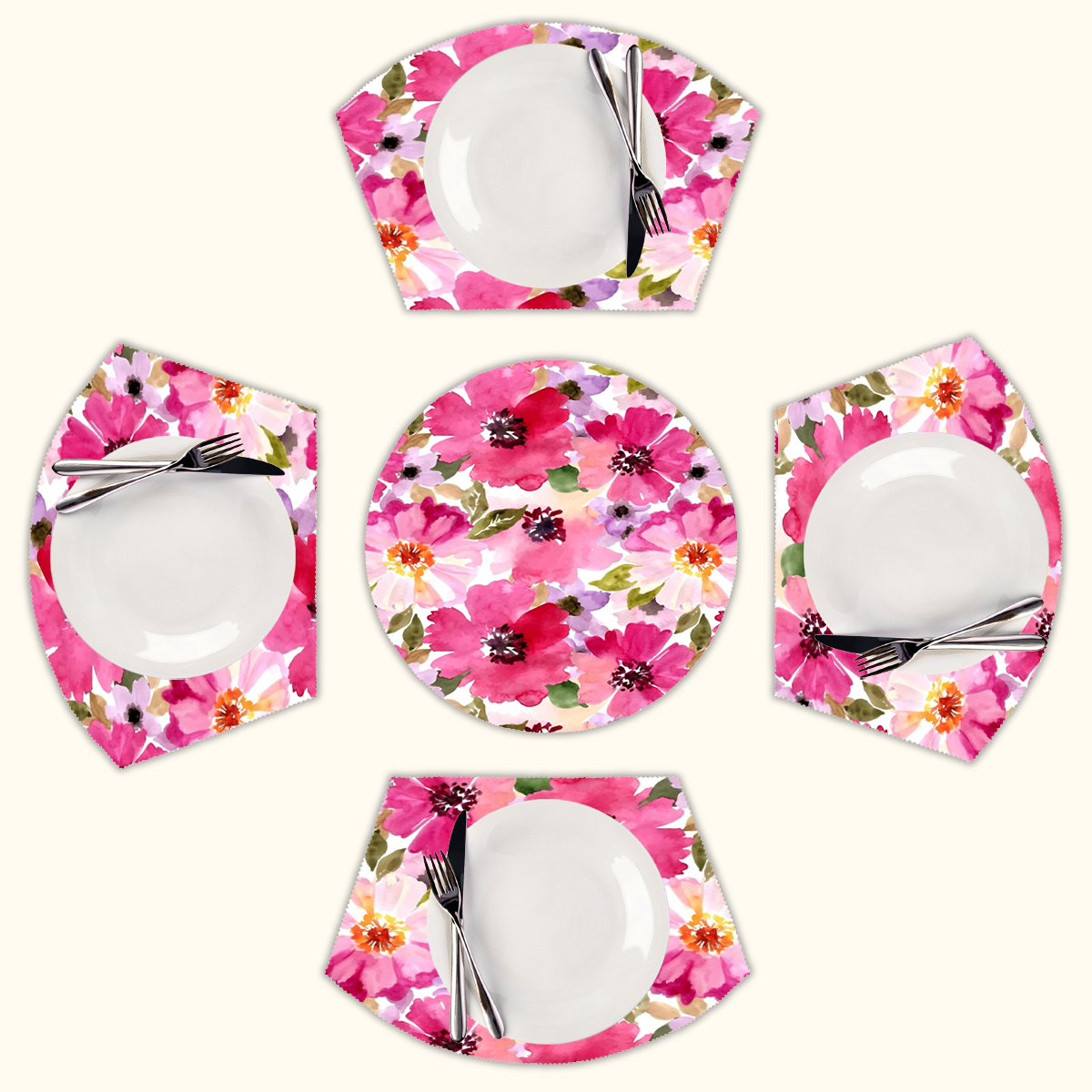 Watercolor Flowers Pink Fuchsia Round Table Placemats Set Of 5 Wedge ...