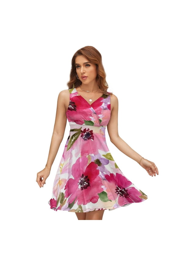 Watercolor Flowers Pink Fuchsia Women's Tank Dress V Neck Sleeveless Summer Sundress