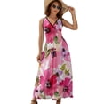 thumbnail image 1 of Watercolor Flowers Pink Fuchsia Womens Night Club Maxi Dress V Neck Sleeveless Bohemia Long Dresses, 1 of 9