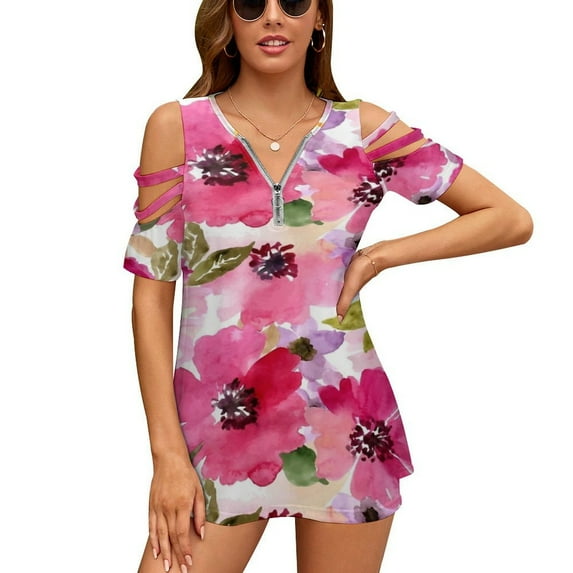 Watercolor Flowers Pink Fuchsia Womens Summer V Neck Zipper Top Short Sleeve T Shirt Off Shoulder Top Casual Classy Loose Shirts