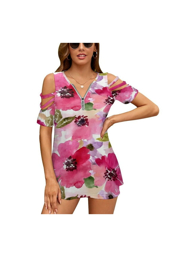 Watercolor Flowers Pink Fuchsia Womens Summer V Neck Zipper Top Short Sleeve T Shirt Off Shoulder Top Casual Classy Loose Shirts