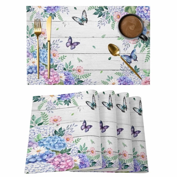 Watercolor Flowers Placemats Set of 12, Spring Butterflies Floral Gray Wood Placemats for Dining Table, Place Mats for Kitchen Tabletop, Waterproof Wipeable Dining Table Mats Set