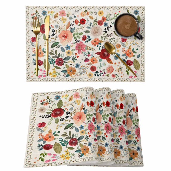 Watercolor Flowers Placemats Set of 4, Rustic Spring Floral Botanical Beige Placemats for Dining Table, Place Mats for Kitchen Tabletop, Waterproof Wipeable Dining Table Mats Set