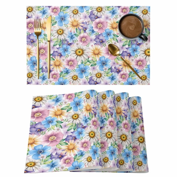 Watercolor Flowers Placemats Set of 6, Spring Floral Daisy Botanical Rustic Placemats for Dining Table, Place Mats for Kitchen Tabletop, Waterproof Wipeable Dining Table Mats Set