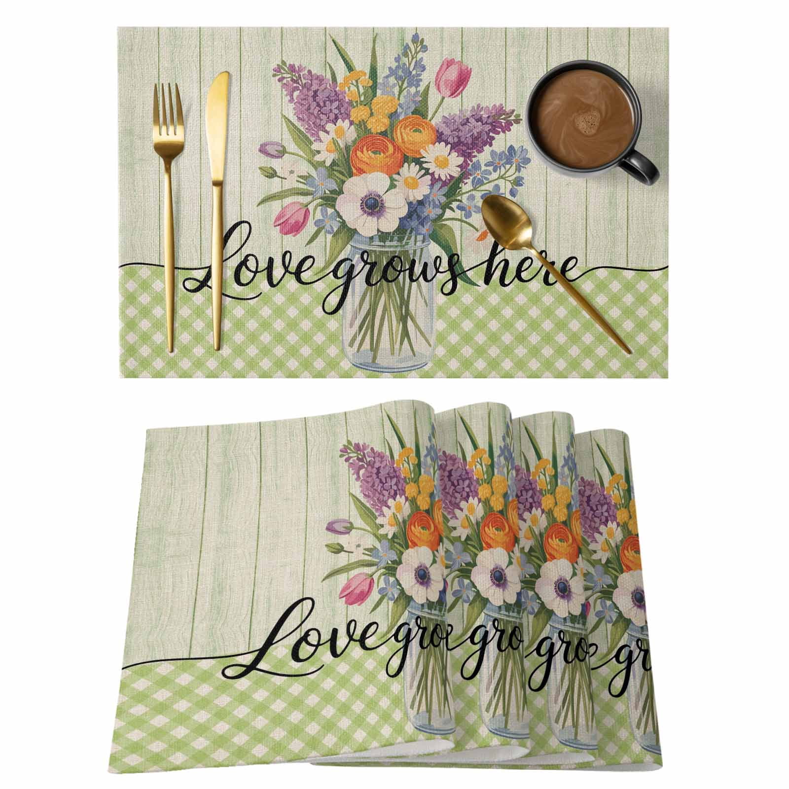 Watercolor Flowers Placemats Set of 8, Spring Floral Sage Green Stripes ...
