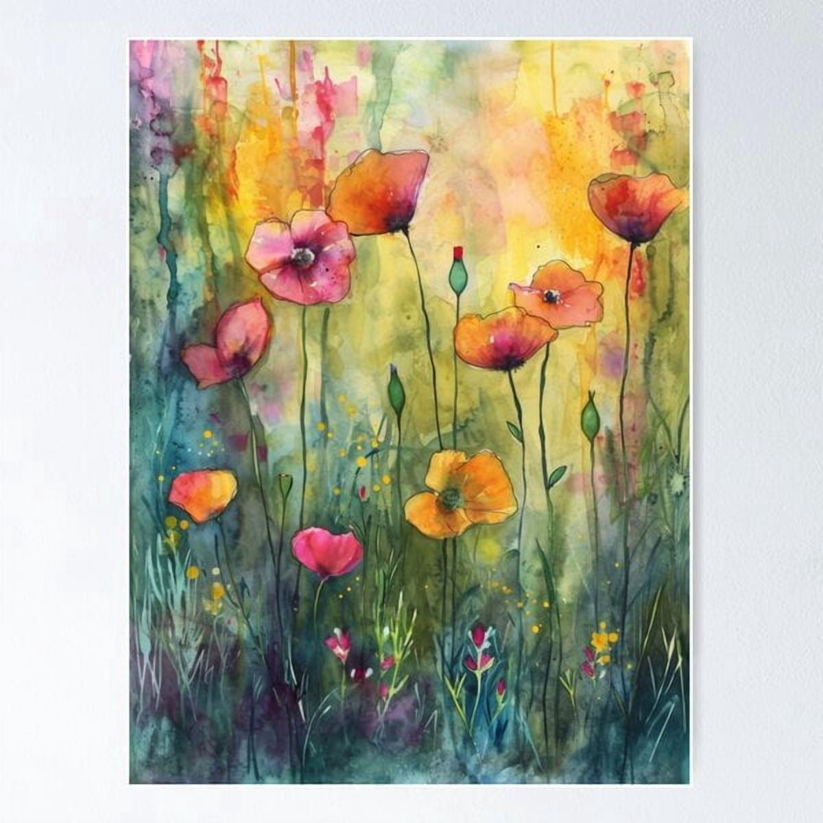Watercolor Flowers Poppies In Breeze Poster , Poster Print Only ...