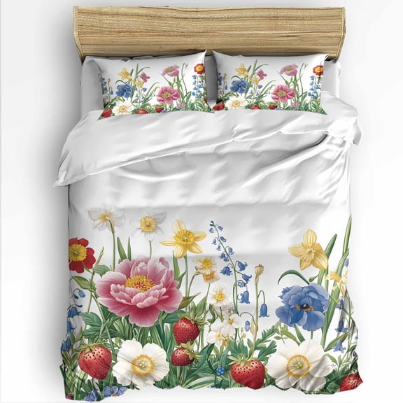 Watercolor Flowers Queen Size Comforter Set, Strawberry Yellow Blue Floral Plant Soft Bedding for All Seasons, 4 Pcs Bed Set with 1Comforter (90"x92") ,1 Sheet(94"x116"), 2 Pillowcases (19"x29")