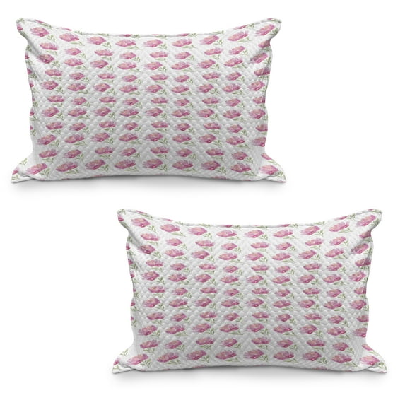 Watercolor Flowers Quilted Pillowcover Set of 2, Peony Blooms Season Revival Summer, Standard Queen Size Pillow Cover for Bedroom, 30" x 20", Pale Pink and Pale Green, by Ambesonne