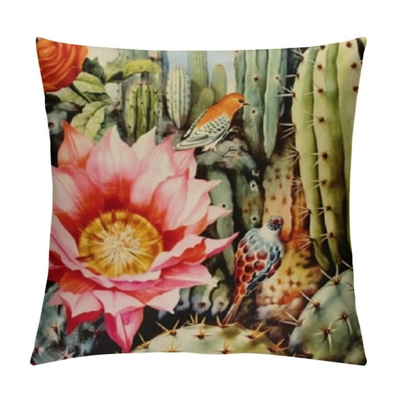 Watercolor Flowers Roses and Cactus Throw Pillow CoversExotic Natural Vintage Cactus succulent in boho style Decorative Throw Pillowcase for Sofa Bedroom Cushion Home Decor