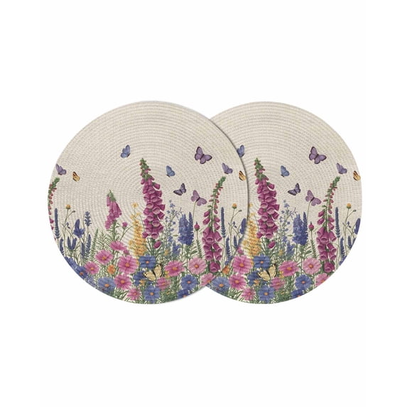 Watercolor Flowers Round 13 Inch Placemats Set of 2, Retro Botanical Blooms Floral Butterfly HeatResistant Non Slip Place Mats for Dining Table, Wipeable Braided Kitchen Table Mats for Housewarming
