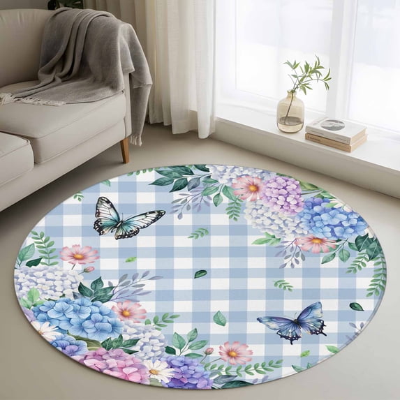 Watercolor Flowers Round Area Rug 4Ft Washable Circle Rugs for Bedroom Dining Room, Spring Floral Butterflies Blue Plaid Non-Slip Carpet Floor Mats Indoor Outdoor Carpet Runner Aesthetic Home Decor
