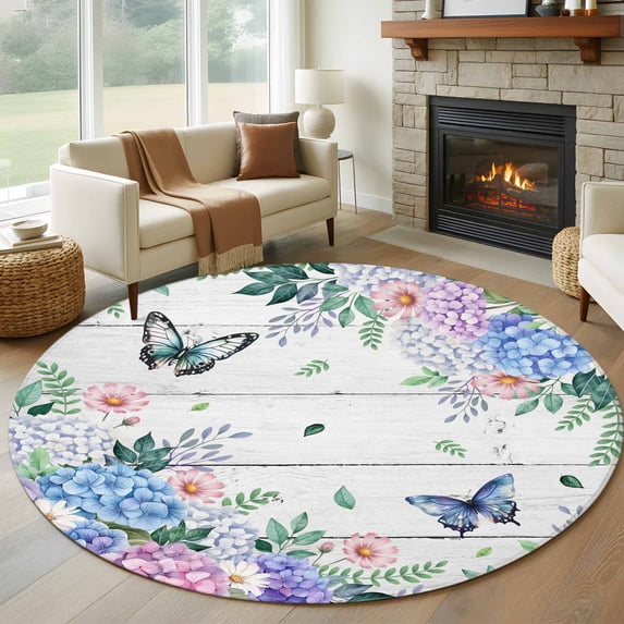 Watercolor Flowers Round Area Rug 7Ft Washable Circle Rugs for Dorm Laundry Room, Spring Butterflies Floral Gray Wood Non-Slip Carpet Floor Mats Indoor Outdoor Carpet Runner Aesthetic Home Decor