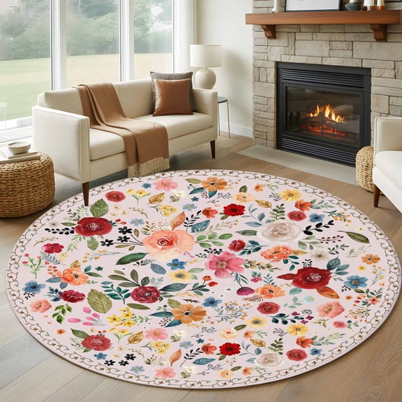 Watercolor Flowers Round Area Rug 7Ft Washable Circle Rugs for Dorm Laundry Room, Spring Floral Leaves Rustic Pink Non-Slip Carpet Floor Mats Indoor Outdoor Carpet Runner Aesthetic Home Decor