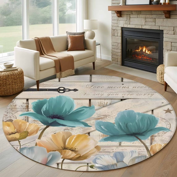 Watercolor Flowers Round Area Rug 7Ft Washable Circle Rugs for Dorm Laundry Room, Vintage Tulips Floral Barn Doors Wood Grain Non-Slip Carpet Floor Mats Indoor Outdoor Carpet Runner Home Decor