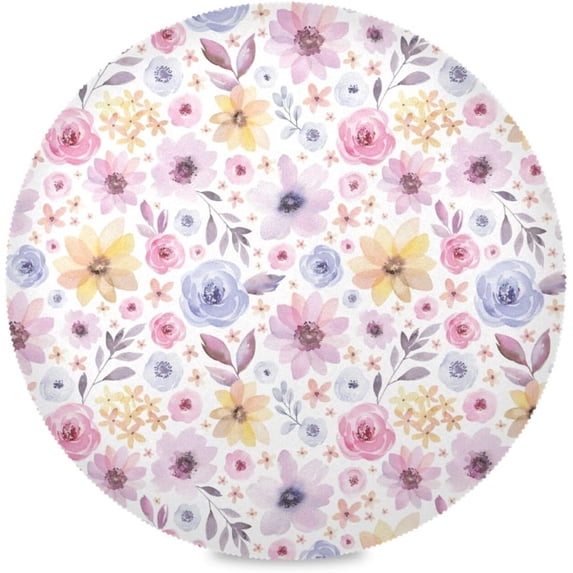 Watercolor Flowers Round Placemats Washable Placemats Non-Slip Heat-Resistant Table Place Mats for Dining Kitchen Holiday Party Table Decoration 15.4"-4PCS Table Mat