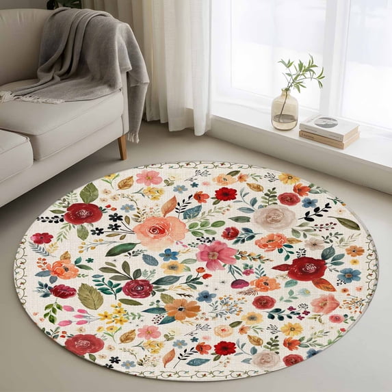 Watercolor Flowers Round Rug 4ft Washable Circle Entryway Rugs Non Slip Rustic Spring Floral Botanical Beige Area Rug Indoor Floor Carpet for Bedroom Kitchen Living Room Home Office Dining Room