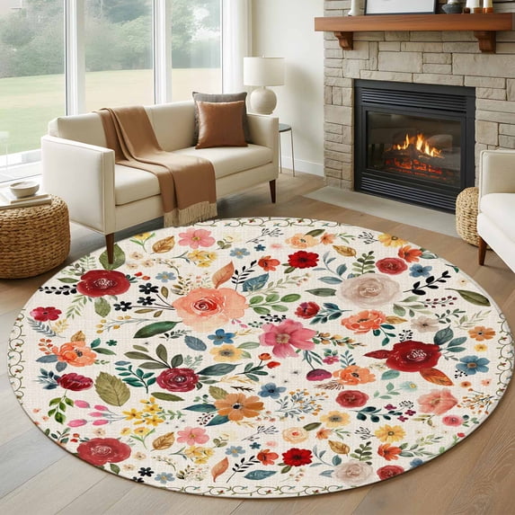 Watercolor Flowers Round Rug 5ft Washable Circle Kitchen Rugs Non Slip Rustic Spring Floral Botanical Beige Large Area Rug Indoor Floor Carpet for Bedroom Living Room Home Office Dining Room Nursery
