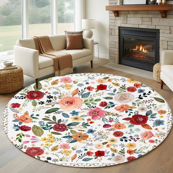 Watercolor Flowers Round Rug 6ft Washable Circle Kitchen Rugs Non Slip Farmhouse Spring Floral Botanical Large Area Rug Indoor Floor Carpet for Bedroom Living Room Home Office Dining Room Nursery