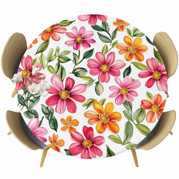 Watercolor Flowers Round Tablecloth 36-44 Inch Round Fitted Table Cloth with Elastic Edge, Spring Floral Pastoral Leaf Waterproof Table Cover Protector for Outdoor Picnic Party Dining