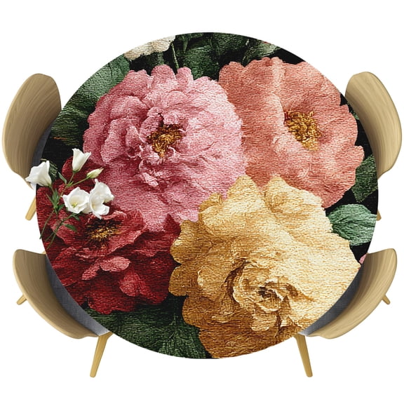 Watercolor Flowers Round Tablecloth 36-44 Inch Round Fitted Table Cloth with Elastic Edge, Vintage Roses Floral Leaves Waterproof Table Cover Protector for Outdoor Picnic Party Dining