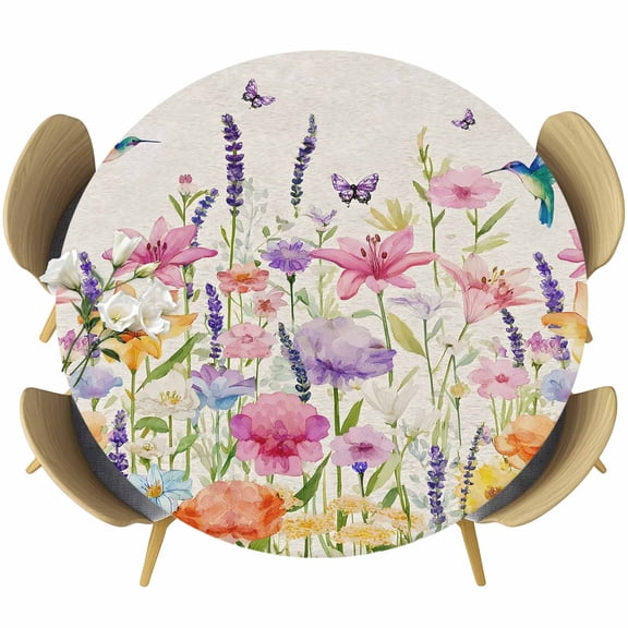 Watercolor Flowers Round Tablecloth, Fitted Table Cover with Elastic for 36"-44" Round Tables, Country Colorful Floral Bird Butterfly Table Cloth Outdoor Indoor Dinning Party Waterproof Tablecloths