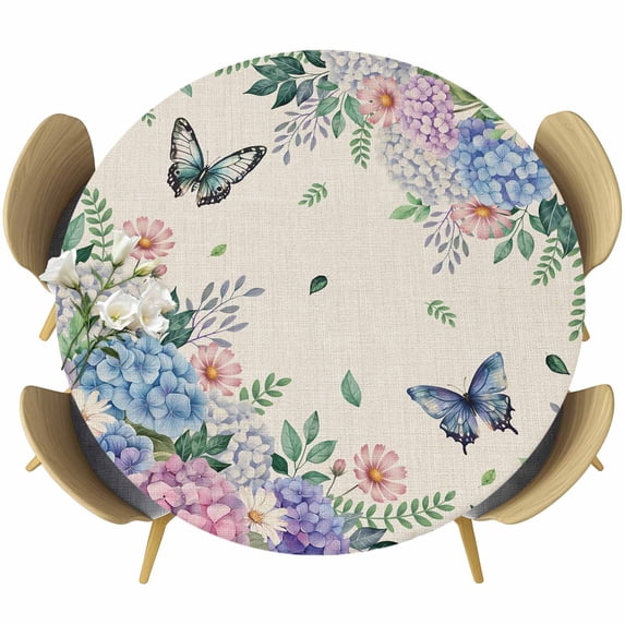 Watercolor Flowers Round Tablecloth, Fitted Table Cover with Elastic for 45"-54" Round Tables, Spring Floral Butterflies Botanical Beige Table Cloth Outdoor Dinning Party Waterproof Tablecloths