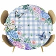 thumbnail image 1 of Watercolor Flowers Round Tablecloth, Fitted Table Cover with Elastic for 55"-60" Round Tables, Spring Floral Butterflies Blue Plaid Table Cloth Outdoor Indoor Dinning Party Waterproof Tablecloths, 1 of 7