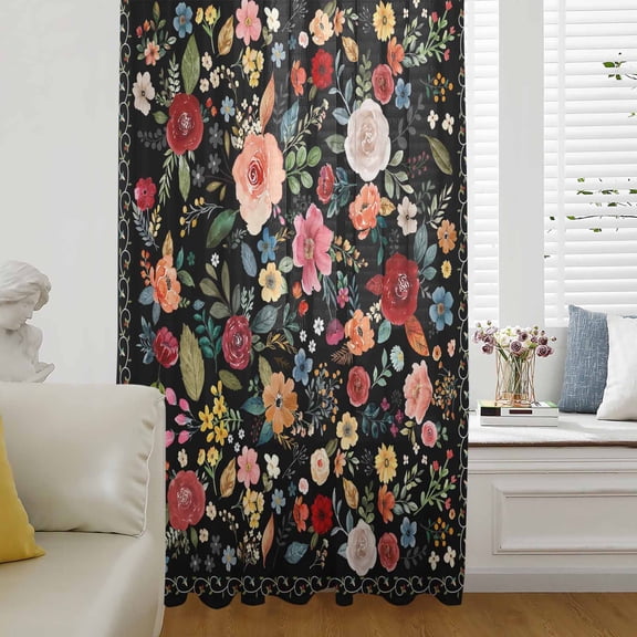 Watercolor Flowers Semi Sheer Curtains Drapes for Living Room, Bedroom, French Doors Window 45 Inches Long, Farmhouse Floral Vintage Black Rod Pocket Chiffon Curtain Drapery Voile Draperies Panel