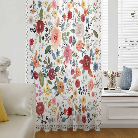 Watercolor Flowers Semi Sheer Curtains Drapes for Living Room, Bedroom, French Doors Window 45 Inches Long, Farmhouse Spring Floral Botanical Rod Pocket Chiffon Curtain Drapery Voile Draperies Panel