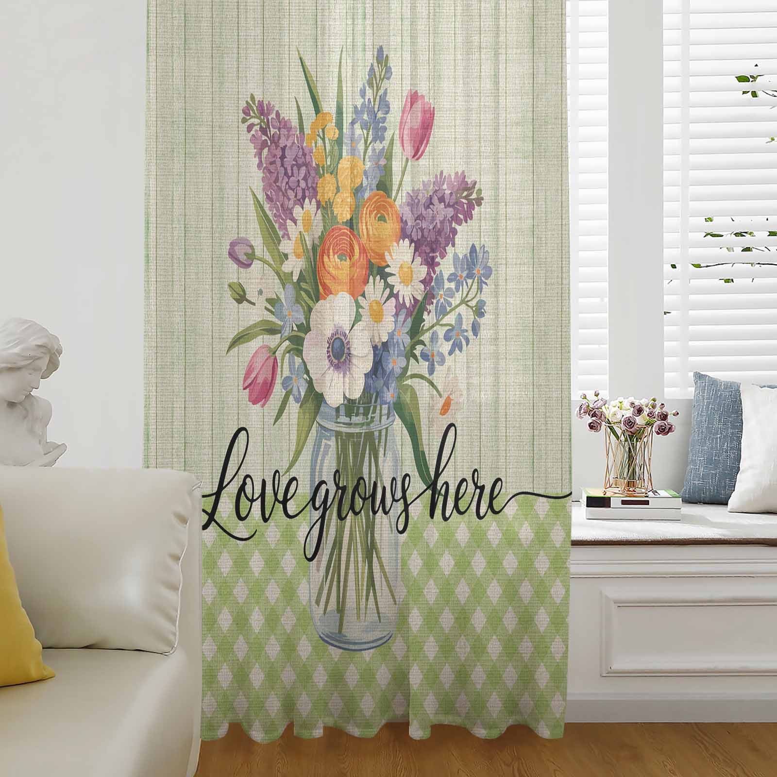 Spring Color Drape Watercolor Flowers Semi Sheer Curtains Drapes for Living Room,Bedroom ...