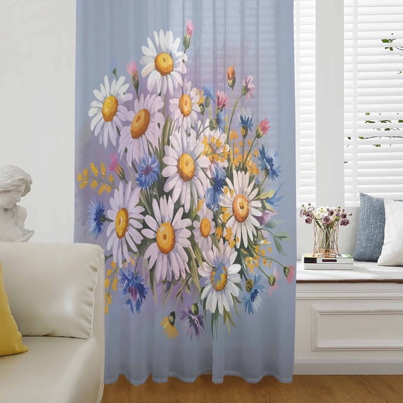 Watercolor Flowers Semi Sheer Curtains Drapes for Living Room,Bedroom,French Doors Window 84 Inches Long,Farmhouse Spring Botanical Daisy Plants Rod Pocket Chiffon Curtain Voile Drapery Panel