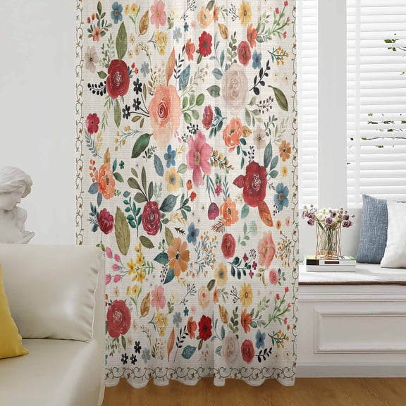 Watercolor Flowers Semi Sheer Curtains Drapes for Living Room,Bedroom,French Doors Window 96 Inches Long,Rustic Spring Floral Botanical Beige Rod Pocket Chiffon Curtain Drapery Voile Draperies Panel