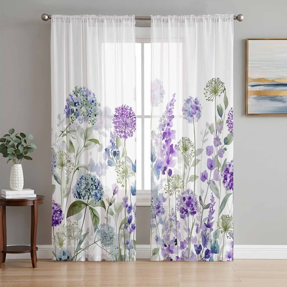 Watercolor Flowers Sheer Curtains 63 Inch Length 2 Panels for Living Room, Spring Floral Lavender Hydrangea Botanical Voile Kitchen Curtain Set, Luxury Privacy Drapes Window Treatment for Bedroom