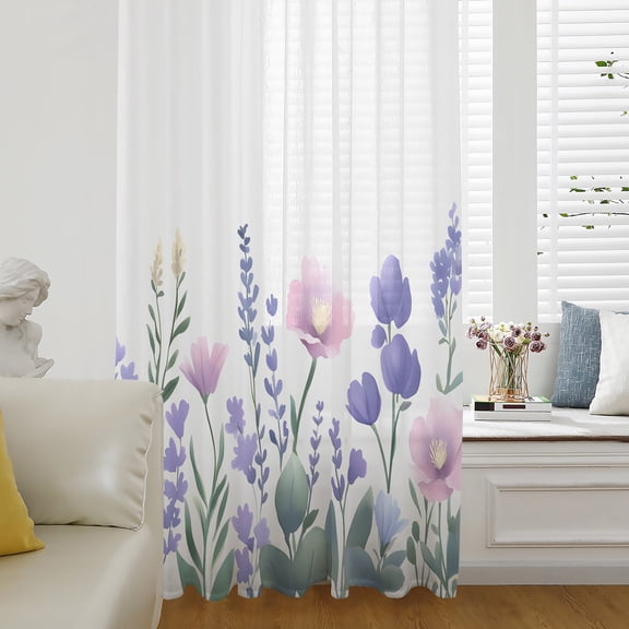 Watercolor Flowers Sheer Curtains 63 Inch Length, Light Filtering Voile Curtain Panel, Spring Meadow Blooms Garden Lavender Rod Pocket Drapes Window Treatments for Living Room Bedroom 52"x63"
