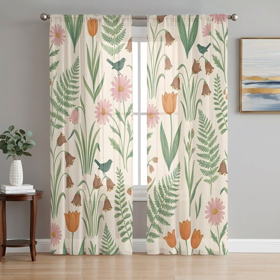 Watercolor Flowers Sheer Curtains 72 Inch Length 2 Panels Set, Spring Rustic Garden Wildflower Voile Window Treatment Rod Pocket Curtains Sheers Drapes for Bedroom/Living Room/Kitchen 52"x72"x2