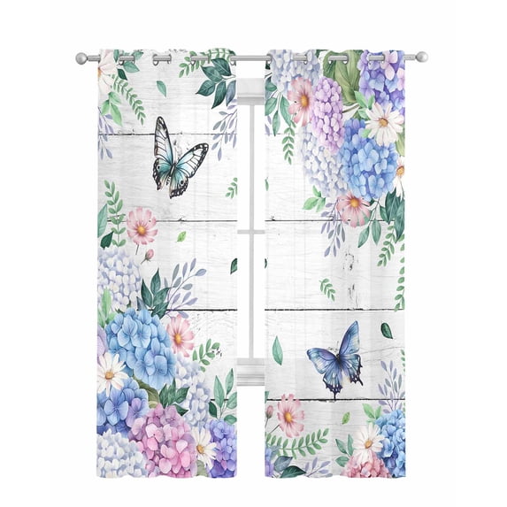 Watercolor Flowers Sheer Curtains 84 Inch Length 2 Panels Set for Living Room/Bedroom, Spring Butterflies Floral Gray Wood Kitchen Curtains Grommet Semi-Sheer Curtains Window Treatments 42"x84"x2