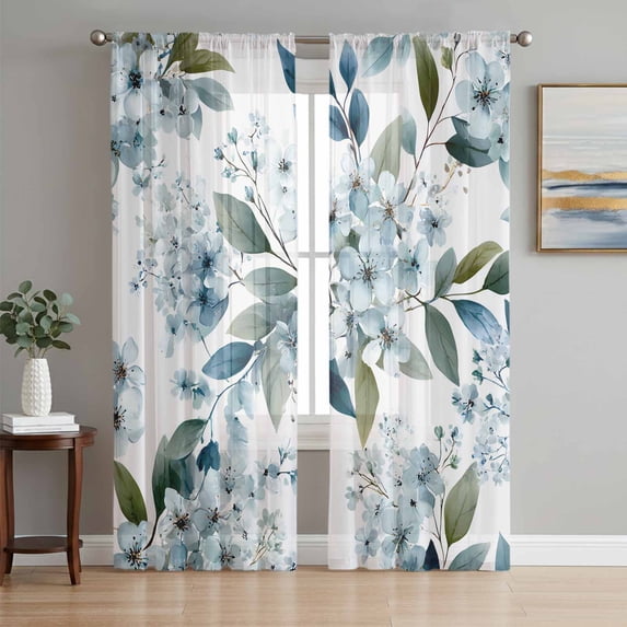 Watercolor Flowers Sheer Curtains 84 Inch Length 2 Panels Set Window Treatments, Spring Floral Leaves Botanical Blue Rod Pocket Semi Curtains for Living Room/Bedroom/Kitchen Décor, 104"W x 84"L