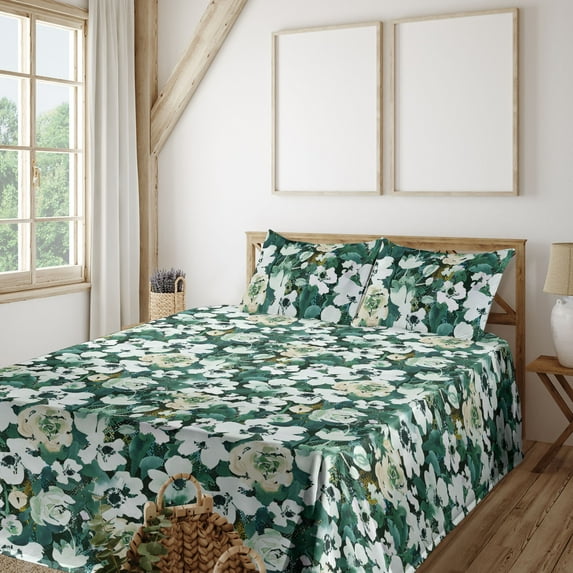 Watercolor Flowers Sheet Set, Watercolor Painting Look Anemones and Roses Botanical Art, Fitted & Flat Sheet with Pillowcase Bedding Accent 3 Pcs Set, Twin XL, Hunter Green and Beige, by Ambesonne