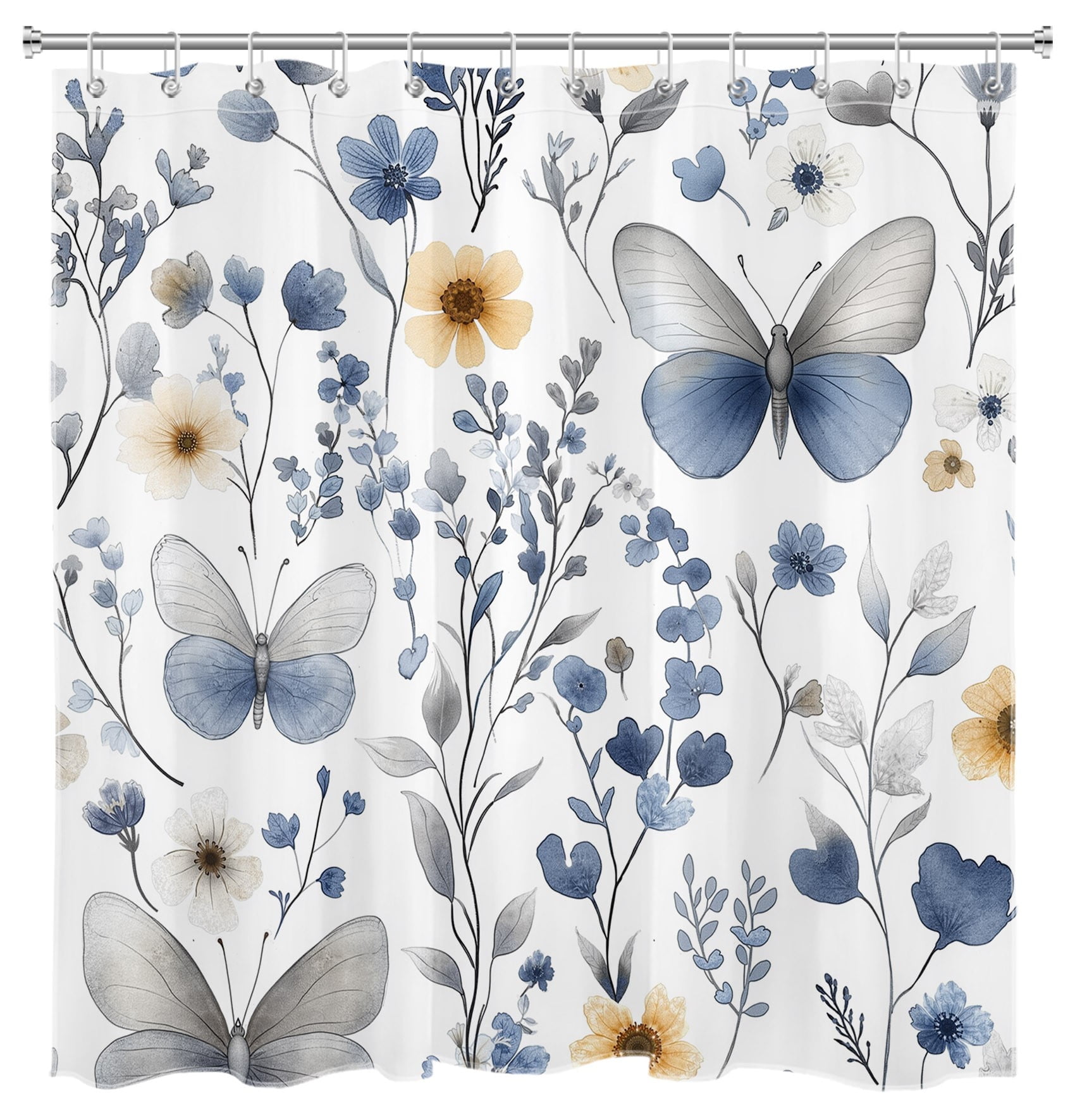 Watercolor Flowers Shower Curtain Blue Butterfly Wild Plant Sketch Bathroom Shower Curtain Modern Painting Art Home Decor Waterproof Durable Shower Curtain Accessories with 12 Hooks 72x72 Inches