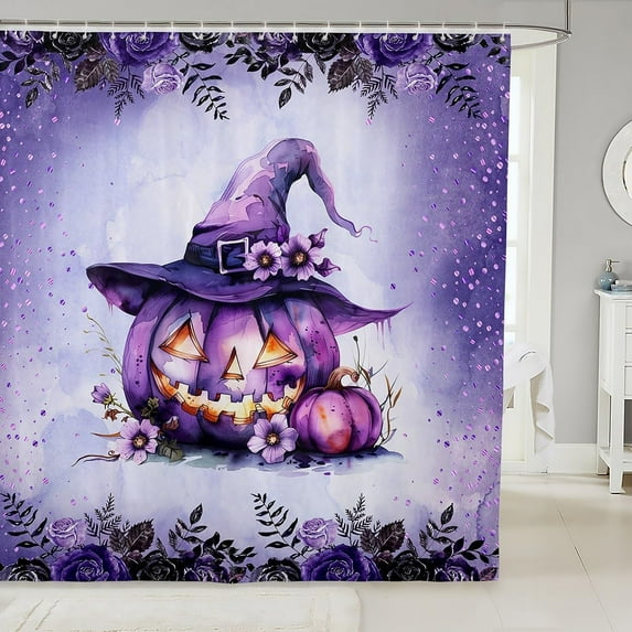 Watercolor Flowers Shower Curtain with Hooks,Gothic Purple Halloween Theme Room Decor Bath Curtain,Pumpkin Lantern Bathroom Accessories Waterproof Panel,72x 84 Inches