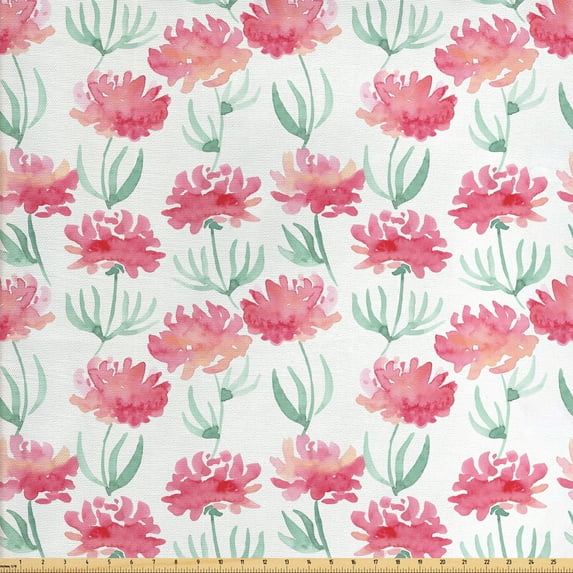 Watercolor Flowers Sofa Upholstery Fabric by the Yard, Fresh Blooms in Blurry Tones Paintbrush Soft Flowering Field, Decorative Fabric for DIY and Home Accents, Pink and Mint Green by Ambesonne