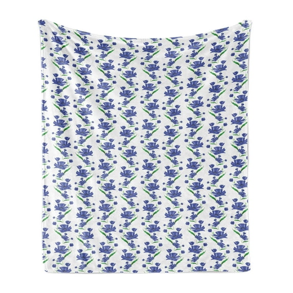 Watercolor Flowers Soft Flannel Fleece Throw Blanket, Cornflower Feng Shui Style Blossom Shabby Art, Cozy Plush for Indoor and Outdoor Use, 50" x 60", Violet Blue Forest Green, by Ambesonne